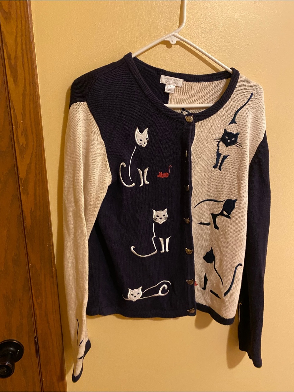 Christopher & Banks Navy and Cream Cat Embroidered Colorblock Cardigan